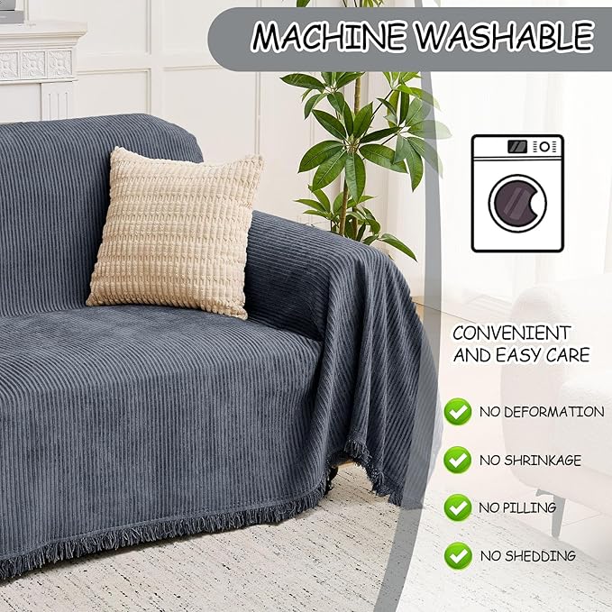 LOMAO Couch Cover Sofa Covers for 3 Cushion Sectional Couch Covers L Shape Couch Cover with Tassel Sofa Protector Washable Reversible Chenille Sofa Slipcover for Pet (Dark Grey,XLarge(71 * 134))
