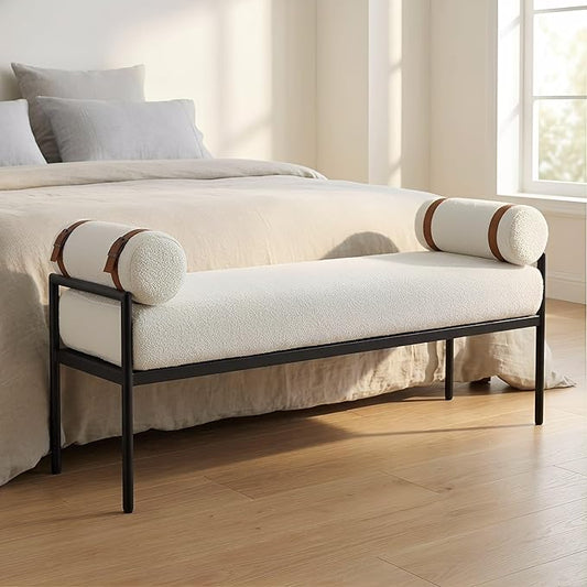 LukeAlon Modern 55" End of Bed Bench Long King Upholstered Sherpa Ottoman Bench with Arms & Detachable Strappy Pillows for Bedroom Entryway Window Bench with Black Metal Legs, White (Strap: Brown)
