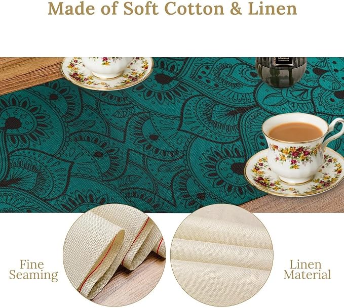 Boho Mandala Table Runners for Dinning Room, Bohemian Mandala Flower, Cotton Linens Green Table Runner Table Cloth for Wedding Party Holiday Home Decor, 13x90 Inch