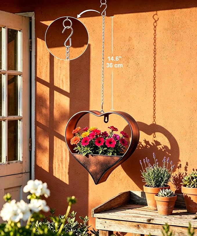 Metal Plant Hangers Indoor and Outdoor:Birthday Gifts for Mom Women Her Wife Garden Lovers - Heart Shape Hanging Planters for Window Wall Living Room Office Decor(Rustic)