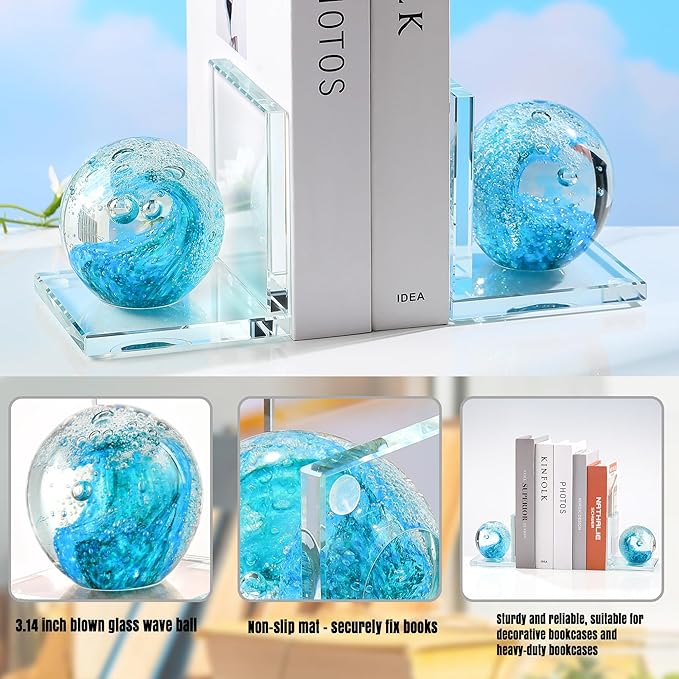 Book Ends for Shelves, Glass Bookends with Turquoise Crystal Hand Blown Sea Wave Ball, Non Skid Sturdy Glass Decorative Bookends for Ocean Lovers, Heavy Books, Office, Set of 2
