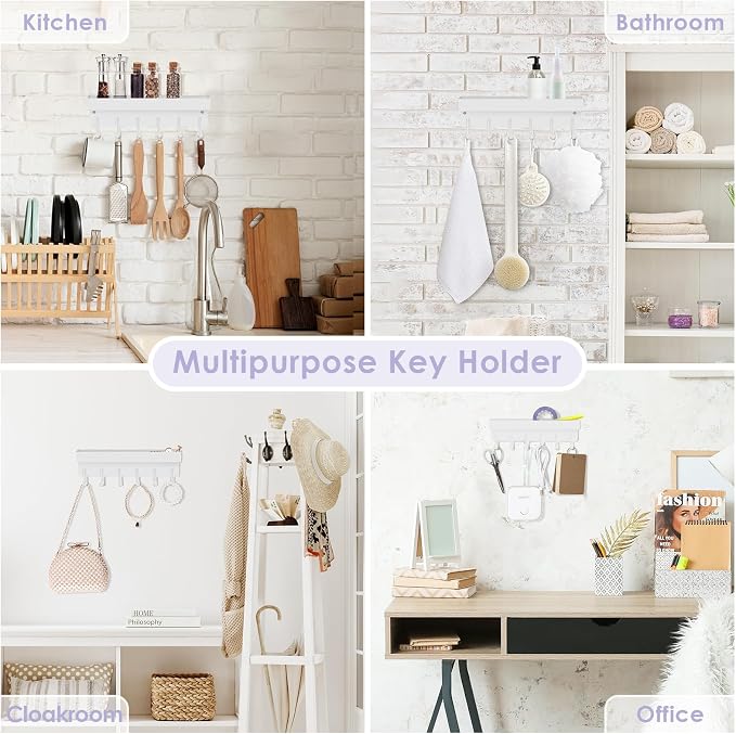 VIS'V Key Holder Wall Mount, Adhesive Key Rack with Tray, 6 Hooks, White | 2 Mount Options, Compact Discreet Design, Suitable for Entryway, Hallway, Doorway, Kitchen, Garage, Camper