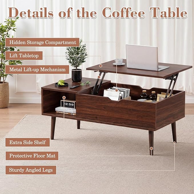 OLIXIS Wood Lift Top Coffee Table with Hidden Compartment and Large Storage Shelf, Lift Tabletop Dining Center Table for Home Living Room Office, Dark Brown