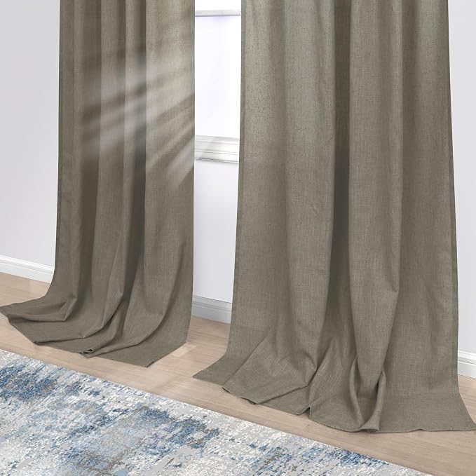 KOUFALL Bathroom Curtains Window Short,54 Inch Length Sheer Semi Privacy Linen Small Curtain for Bedroom 48 Windows,52x54 in Long,2 Panels Set,Taupe