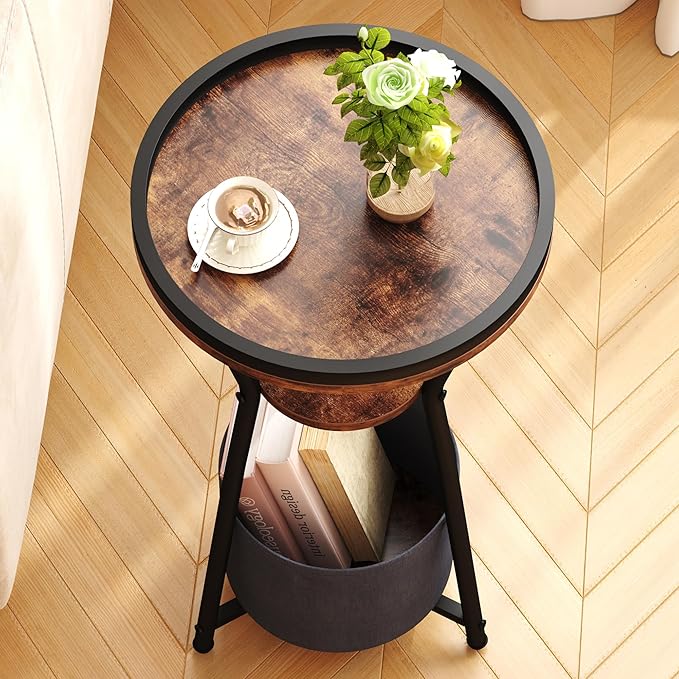Yusong Round Side Table, Small Drink Table for Small Spaces, 3-Tier Industrial End Table, Accent Nightstand Bedside Table for Living Room, Bedroom, Sofa Couch, Rustic Brown