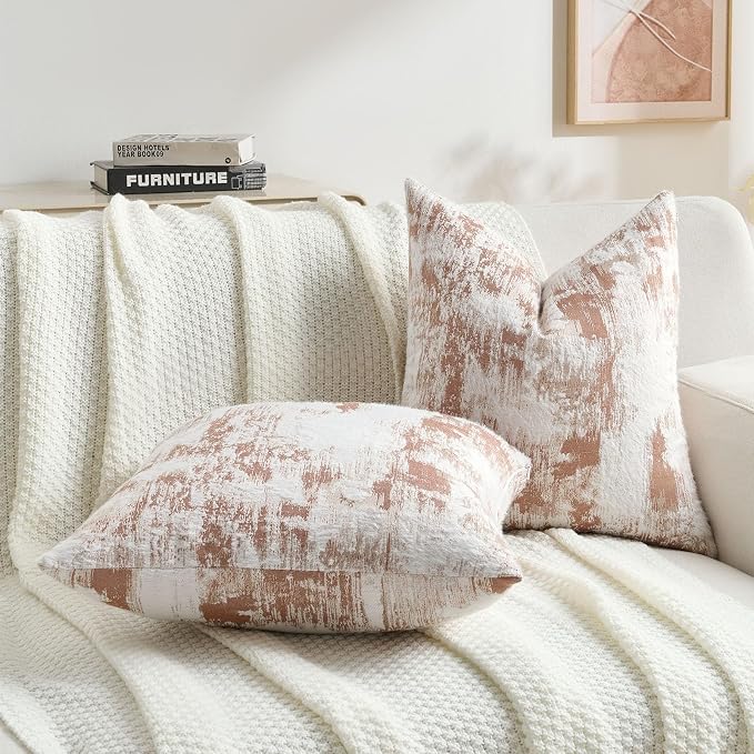 FUTEI Pack of 2 Faux Cashmere Jacquard Throw Pillow Covers 16x16 Inch Soft Marble Pattern Vintage Decorative Cushion Case Modern Farmhouse Accent for Couch Bed Living Room, Rust White