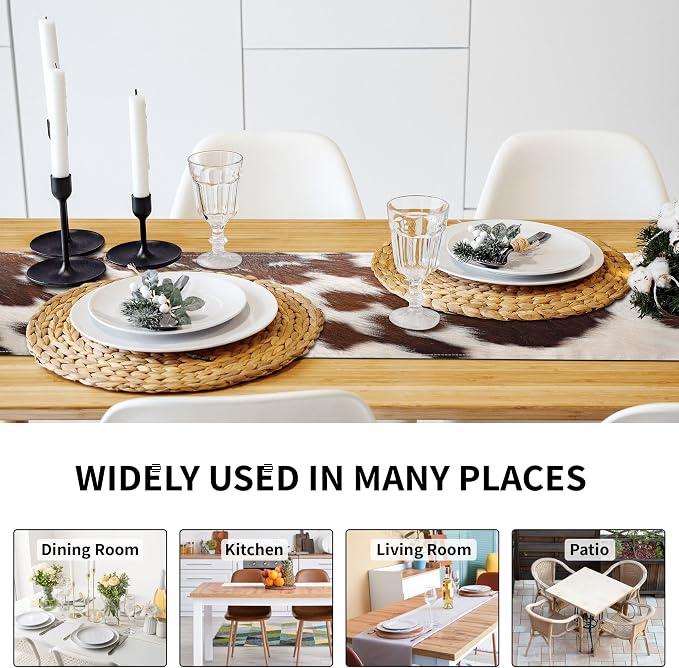 Linen Cow Print Table Runner 13x71 Inch Farmhouse Western White Brown Cowhide Runners Table Decorations Rustic Coffee Table Runner for Home Kitchen Dining Room