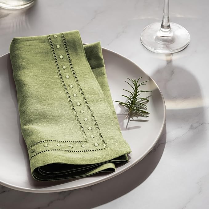 Linen Napkins 18 x 18 inch - 100% Flax Linen Olive Green Dinner Napkins with Embroidered Dot 18 x 18 inch - Hemstitch Cloth Napkins Washable for Easter Day and Spring Holiday