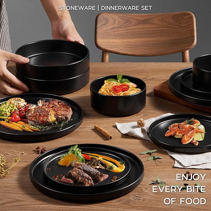 Onader 16 Piece Dinnerware Sets with Serving Bowls for 4, Stoneware Plates and Bowls Dish Sets, Ceramic Dinner Ware Dishware for Kitchen Dining, Chip & Scratch Resistant - Ebony Black
