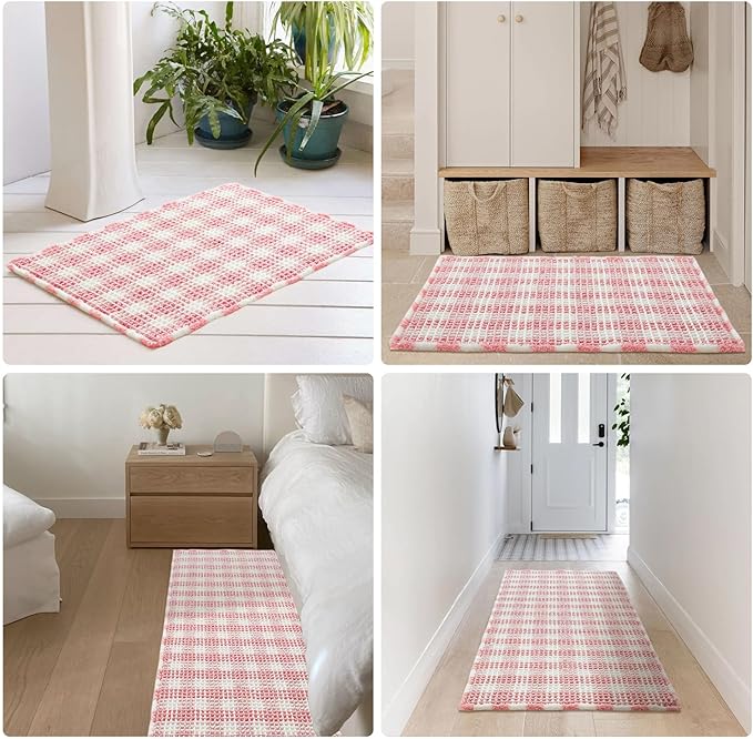 TYUU Waffle Bath Mat, Boho Bathroom Rugs Non Slip Washable Absorbent Checkered Bathroom Mat Quick Dry Cute Bath Mat, 48"x24" Pink and White