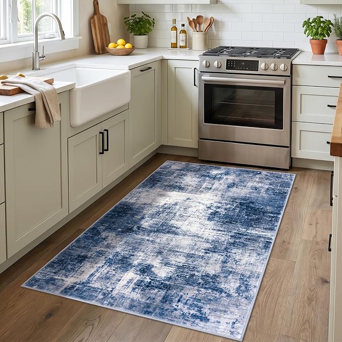 IOHOUZE Abstract Area Rug 3x4 Ft Washable Rugs for Entryway Indoor, Non Slip Kitchen Rug Printed Faux Wool Throw Rugs, Indoor Door Mat for Door Entrance Foyer Living Room, Navy/Grey