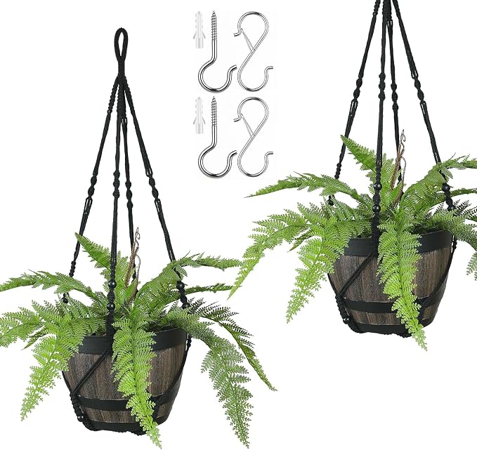 Bouqlife 43 Inches Macrame Plant Hanger Large for 14 inch Pot Extra Long No Tassel Cotton Rope Hanging Plant Holder with Hooks Bohemian Home Décor Black 2Pack