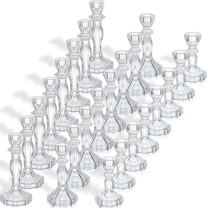 Mumufy 24 Pack Glass Taper Candle Holders Clear Candlestick Holder Fit 0.8 Inch Candles 4'' 6'' 8'' Tall Crystal Decorative Candlestick Stand Centerpiece for Table Wedding Dining Party (Classic)