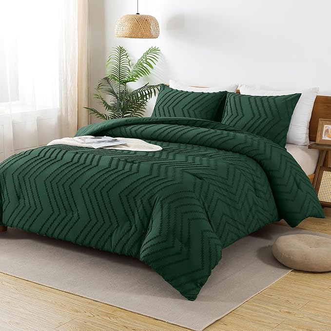 Andency Emerald Green Oversized Super King Plus Comforter Set 128x120, Extra Large King Size Comforter Oversize Boho Soft Warm Bedding Comforter Sets, 3 Pieces Aesthetic Chevron Textured Bedding