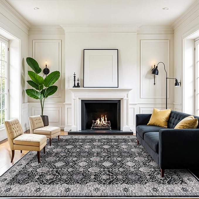Washable 8x10 Living Room Rug: Vintage Low Pile Water Resistant Area Rug with Non-Slip Backing for Bedroom Dining Room Distressed Carpet for Nursery Indoor Soft Floor Mat for Home Office (8x10 Black)