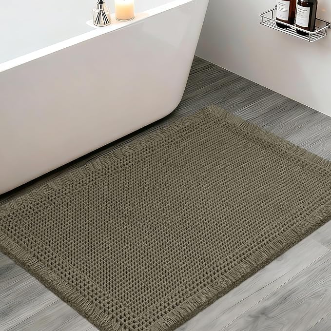 Upgraded Waffle Bath Mat, 36"x24" Greyish Green-Bordered, Super Absorbent Non-Slip Quick Dry Bathroom Rugs with Tassels, Machine Washable Ultra Soft Boho Bath Rugs, Toilet Mats Boho Farmhouse Decor