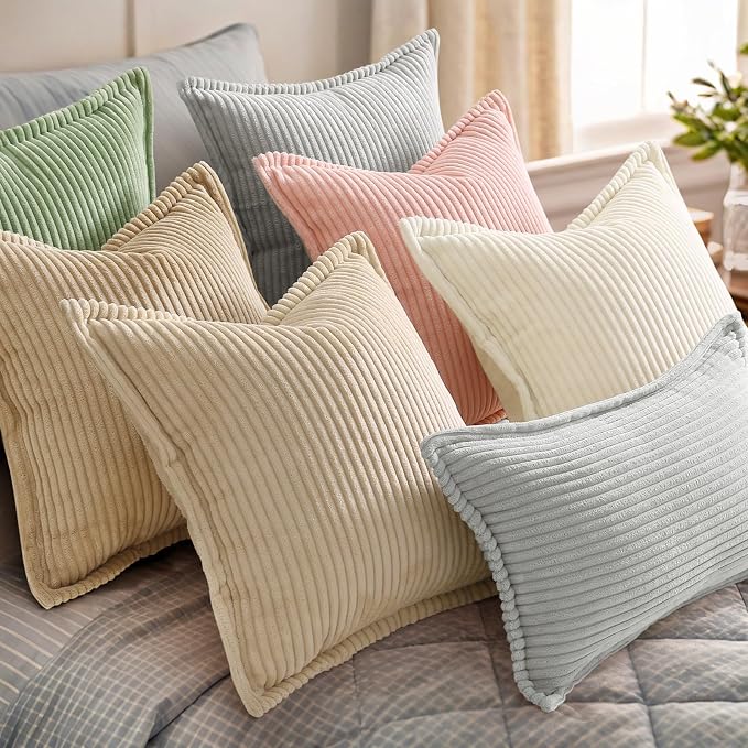 decorUhome Summer Corduroy Cream White Throw Pillow Covers 16x16 Set of 2 Decorative Soft Boho Farmhouse Couch Pillow Covers for Living Room Bed Sofa Broadside Striped Pillow Cases