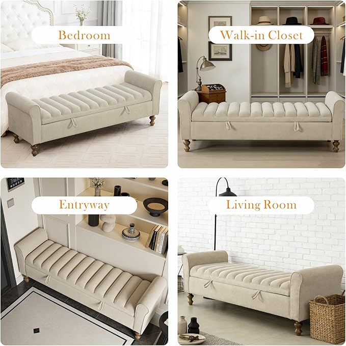 Aoiy & Wifon 65.55" W Large Storage Ottoman Bench, King Size End of Bed Storage Bench with Wood Legs, Upholstered Window Bench for Bedroom, Living Room, Entryway, Griege