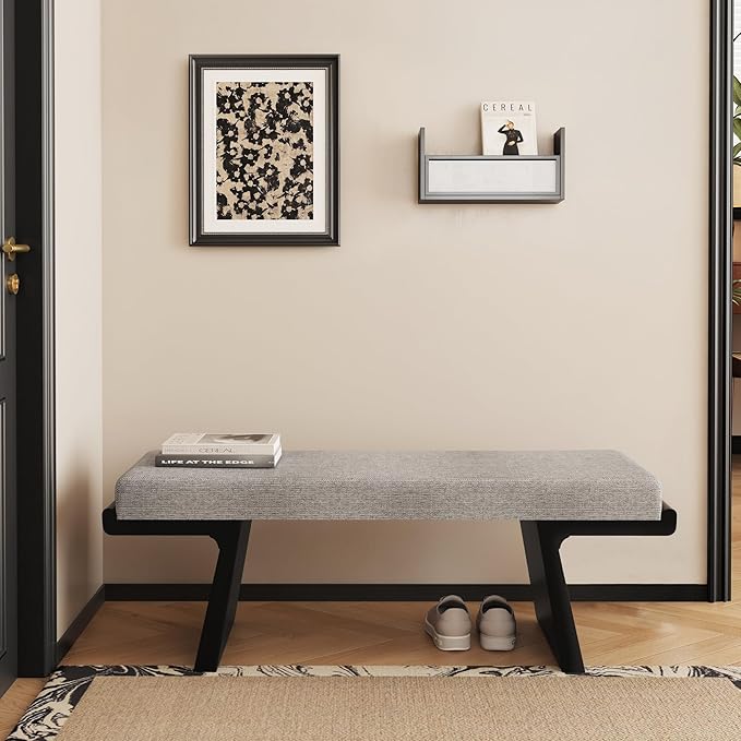 47.2’’ Bed Bench, Modern Upholstered Living Room Bench with Solid Wood Legs, Wooden Shoe Bench with Floating Design, Linen Fabric Dining Bench for Kitchen, Entryway (Grey/Black)