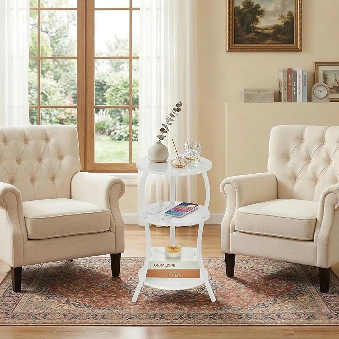 Small Round Side Table with Charging Station, 3-Tier Waist Circular End Table with Storage Shelf, Compact Tea Sofa Side Table Small Spaces, Round Corner Coffee Table for Living Room Bedroon,White