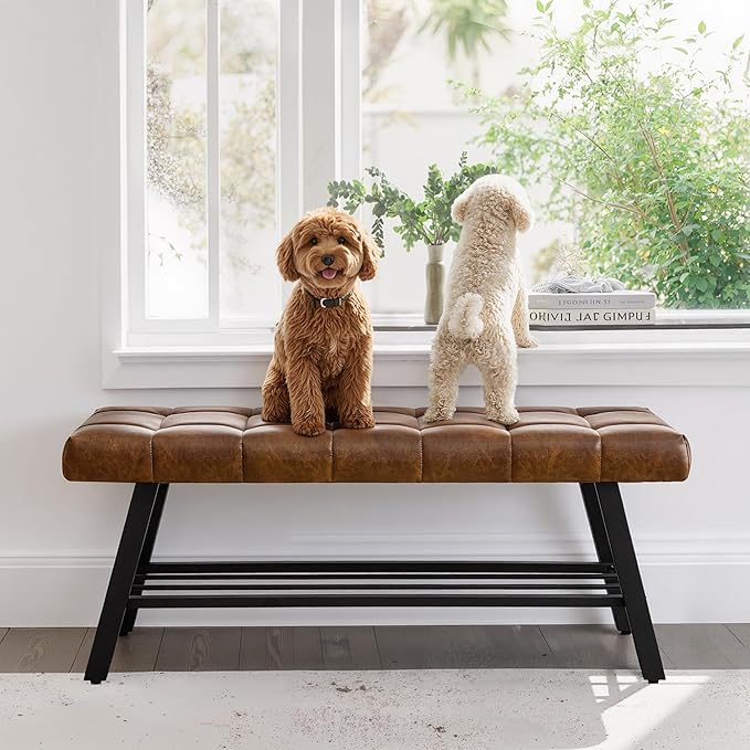 LUE BONA 45" Entryway Bench with Shoe Storage, End of Bed Bench with Tufted Faux Leather Seat, Bedroom Bench with Metal Frame, 330 LBS Capacity for Entryway, Living Room, Hallway, Brown