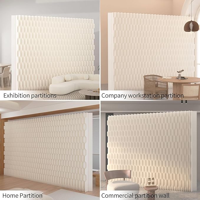 Double Sided Room Divider, Folding Privacy Screen with 2 Different Patterns, Retractable Decorative Paper Partition Wall for Salon Home Studio Office Rest Area