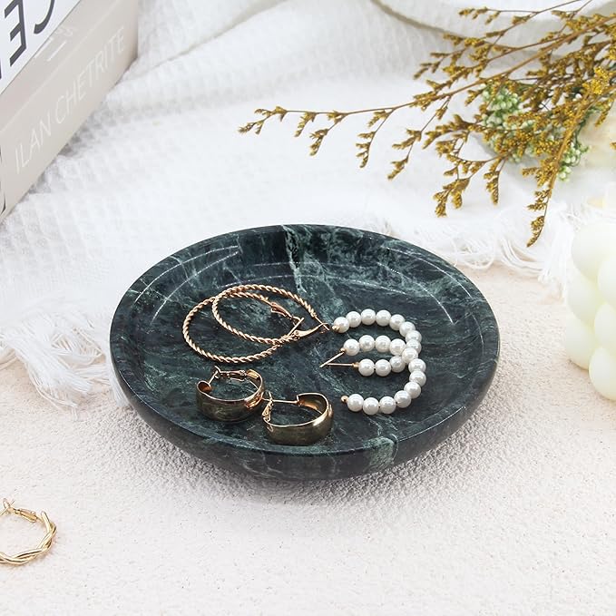 Small Natural Marble Jewelry Tray Key Plate Holder Dish Trinket Decor Catch All Bowl for Ring Earring Stone Gift for Women Daugther,Verde Alpi Green,5.5"