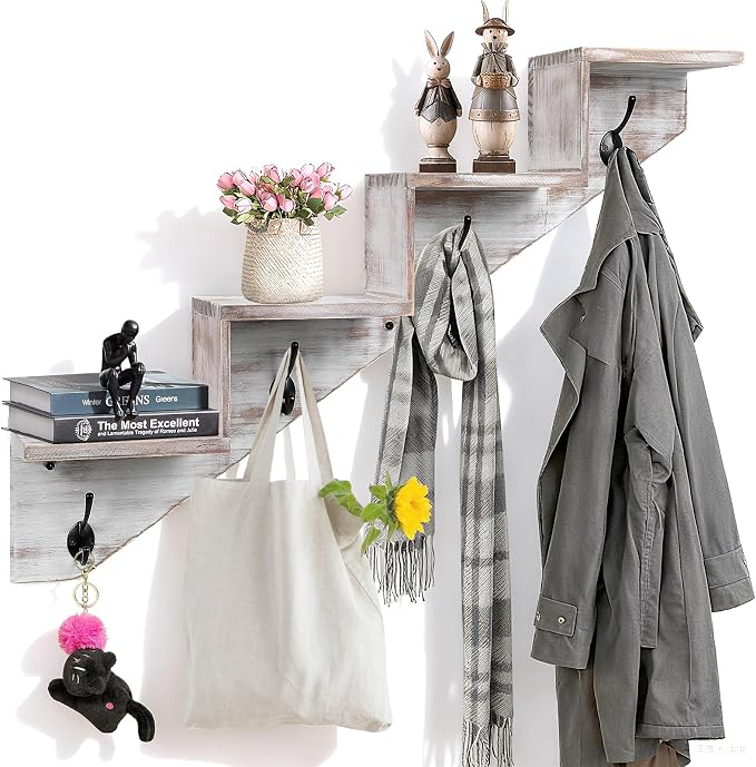 Hookmous Coat Rack Wall Mount with Shelf, White Wall Shelf with Hooks, Sturdy Wooden Rise Staircase Shelves, Space-Saving Decorative Organizer for Entryway, Mudroom, Hallway, Living Room, Bedroom