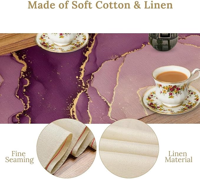 Purple Table Runner, Gradient Lavender Gold Textured Ink Painting Table Runner for Kitchen Dining Cafe Party Wedding Decor, 13x60 Inch