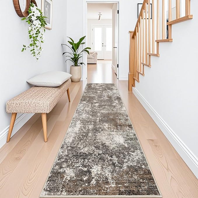 2x10 Washable Hallway Runner Rug – Non-Slip Stain-Resistant Low-Pile Long Carpet Runner for Kitchen Entryway Living Room Bedroom Bathroom, Modern Abstract Neutral (Brown Beige,2x10)