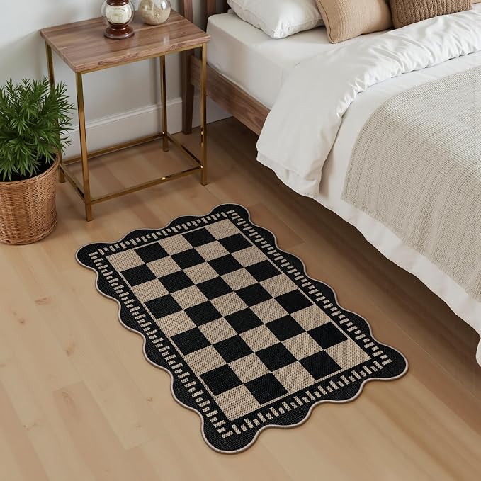 Checkered Easy Jute Entryway Rug, 2x3 Washable Non Slip Kitchen Rug, Indoor Outdoor Door Mat, Farmhouse Low Pile Floor Black Rugs for Porch Doorway