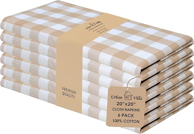 Urban Villa Cloth Napkins 100% Cotton Highly Absorbent Washable Reusable Premium Dinner Napkins Ideal for Gifts for Mothers Day Hotel Farmhouse Parties - Taupe/White Checks (20" x 20", Set of 6)