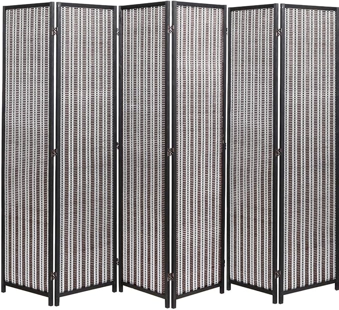 Legacy Decor 6 Panel Black Color Wood and Bamboo Weave Room Divider