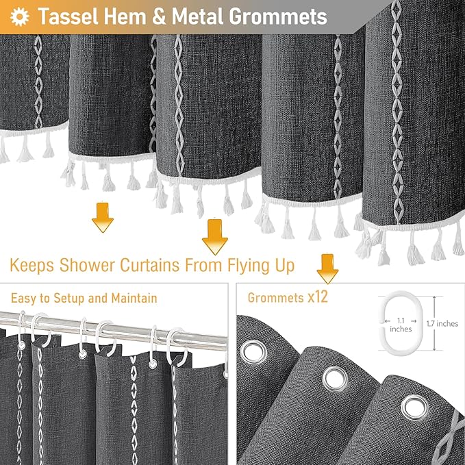 BTTN Boho Farmhouse Shower Curtain - Linen Rustic Heavy Duty Striped Fabric Shower Curtain Set, Bohemian Vintage Country Cloth Shower Curtains for Bathroom, Charcoal Grey, 72" W x 78" L (Pack of 1)