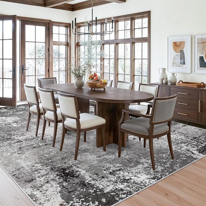 8x10 Washable Living Room Rug – Modern Neutral Abstract Large Area Rug for Bedroom Dining Room Kitchen Home Office Under Table – Non-Slip Low Pile Soft Thin Indoor Carpet (Black Grey,8x10)