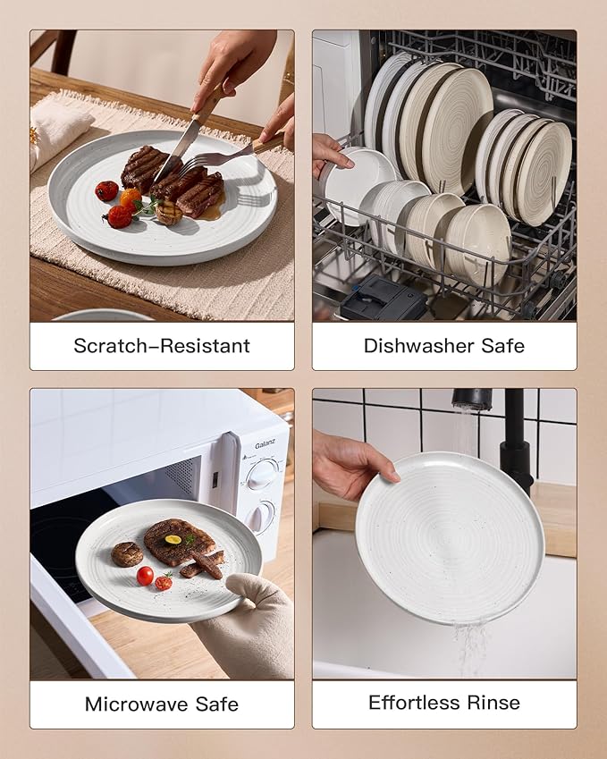 24-Piece Stoneware Dinnerware Set – Flared Plates and Bowls with Reactive Glaze, Speckles & Spirals, Chip & Scratch Resistant Dishes, Dishwasher Safe, Service for 8, Gift Box, White