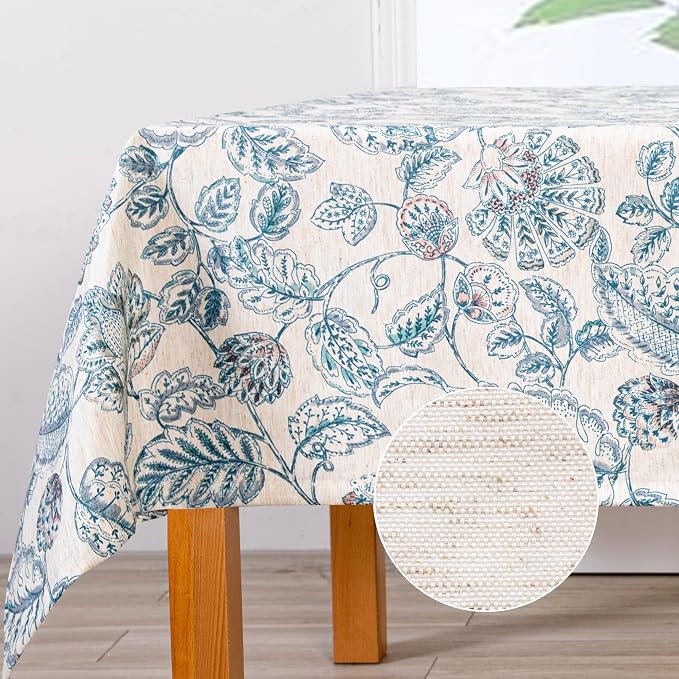 MYSKY HOME Waterproof Tablecloth Rectangle 60x102 Inch Rustic Burlap Tablecloth Spring Floral Linen Table Cover Farmhouse Decoration Rectangle/Oblong for Holiday, Dinner, Indoor and Outdoor Use, Blue