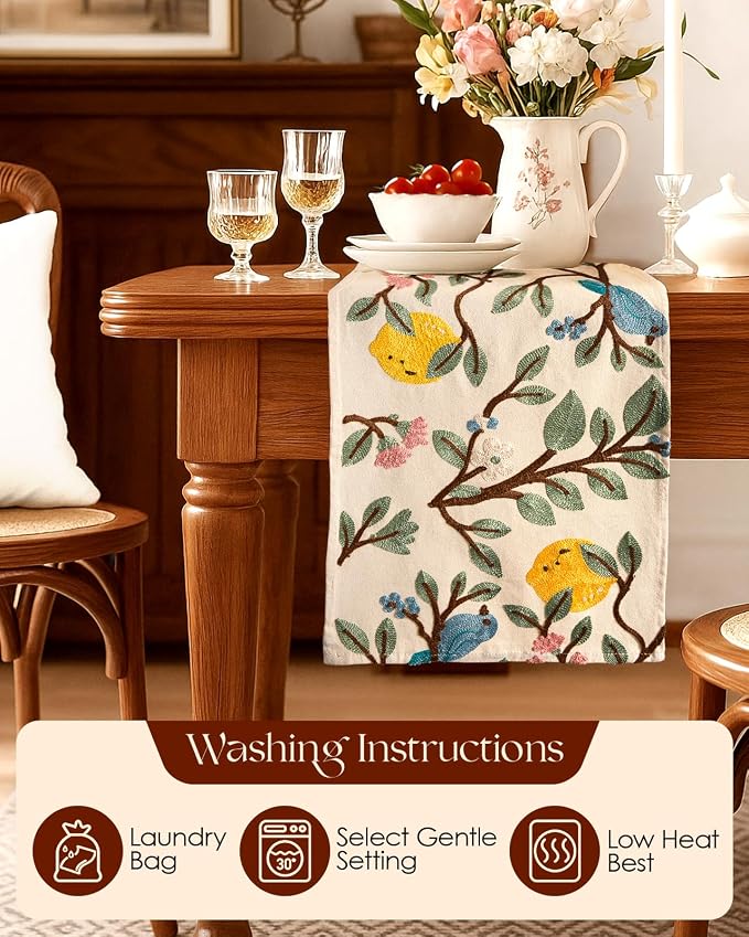 Canvas Embroidered Table Runner - 13"x 60" Coffee Table Runner for Living Room Boho Tablerunner for Dining Room Washable Farmhouse Kitchen Island Counter Decor Housewarming Gift, Lemon Bird