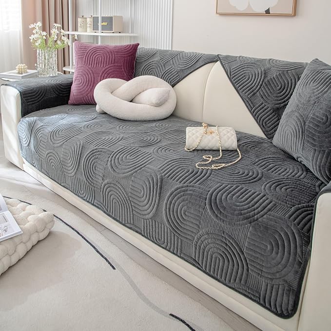 Soft Plush Geometric Quilted Couch Sofa Cover Boho Non Slip Fuzzy Sectional Couch Cover Solid Color Washable Sofa Slipcover Furniture Protector for Kids Dogs Cats (Dark Grey,36"x36")