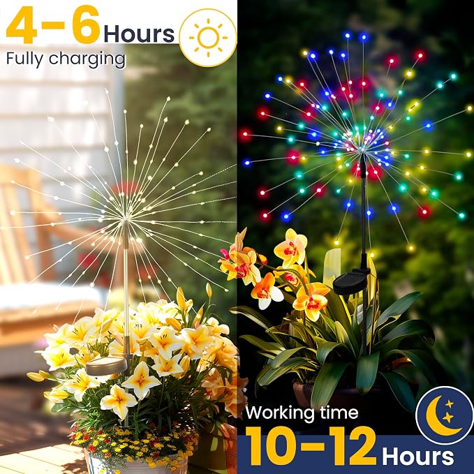 GIGALUMI Garden Decor Outdoor Lights 120LED 2Pack, Solar Garden Lights Outside Fairy Firework Decorative,Solar Powered for Yard Pathway Flowerbed Planter Balcony Patio 4th of July Decor (Multicolor