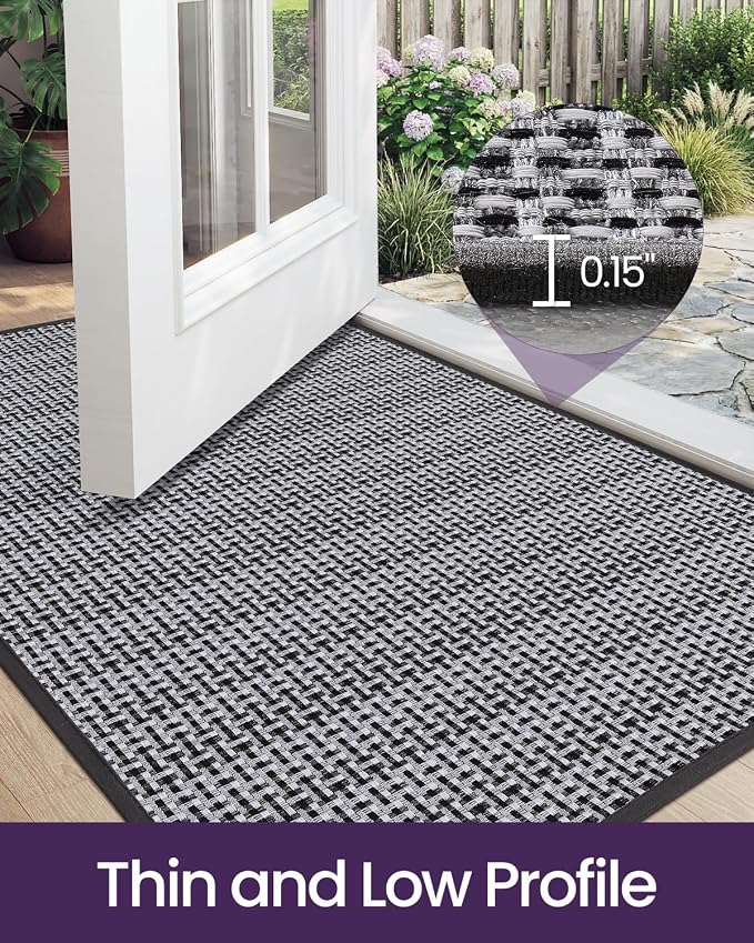 DEXI Ultra Thin Door Mat Indoor Entrance 36x56, Non Slip Rubber Backed Entryway Mats Dirt Trapper, Low Profile Front Doormat for Inside Entry, Patio, Porch, Grey and White