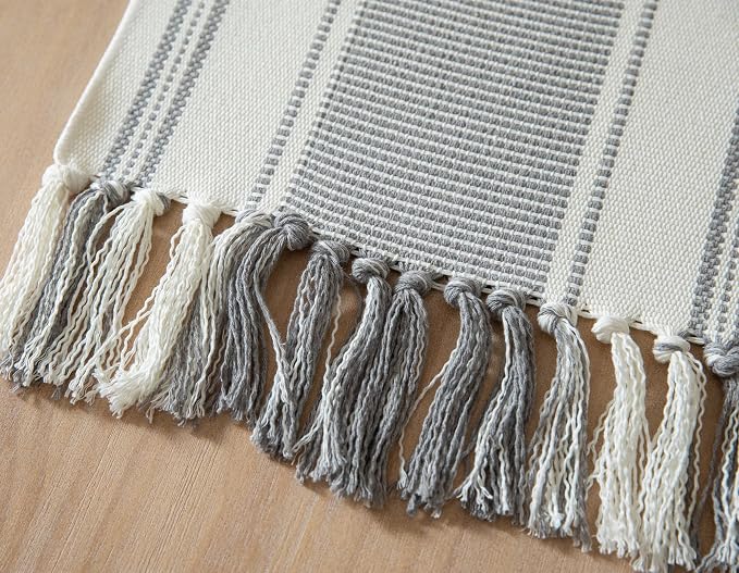 Caflife Boho Table Runner Grey Stripe for Modern Farmhouse Coffee Table Decor, Rustic Woven Runner with Handcrafted Tassels for Home Dining Table décor 13 x 60 Inch Long