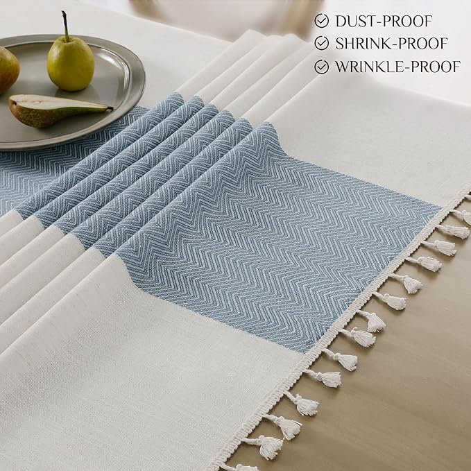 Softalker Outdoor Tablecloth Rectangle, Waterproof Linen Cotton Farmhouse Table Cloths with Tassel, Heavy Weight Wrinkle Free Boho Table Cover for Picnic Camping Dining - 55 x 84 Inch, Blue Stripe