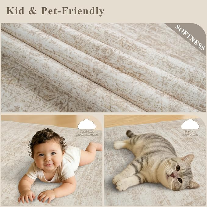 3x4 Rug Entryway Washable: Small Non Slip Front Door Mat with Rubber Backing for Bathroom Kitchen Indoor Entrance, Neutral Boho Low Pile Vintage Area Rug for Bedroom (Beige/Ivory 3ft x 4ft)