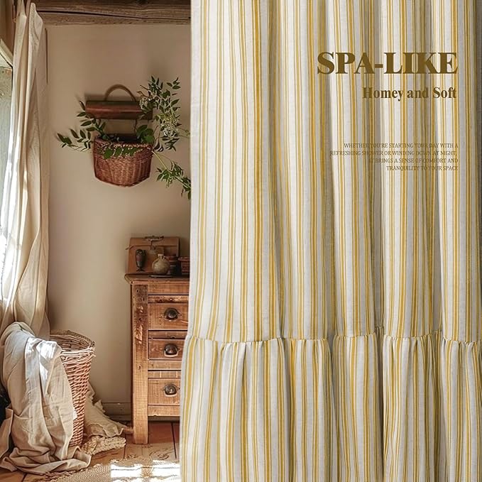Farmhouse Shower Curtain with Ruffle Hem Linen Shower Curtains for Bathroom Country Vintage Rustic Natural Fabric, Cream-Yellow Stripe 72" W x 72" L