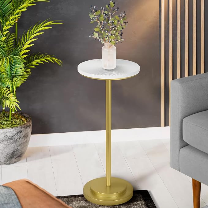 COVLON Drink Table, Carved Table Top Small Pdestal Martini SideTable for Living Room, Bedroom, Modern, Weighted Base, White and Gold