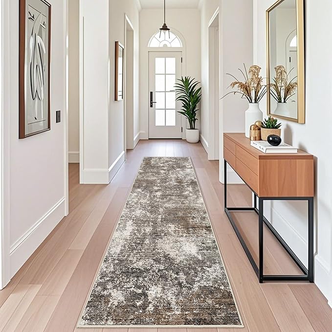 2x10 Washable Hallway Runner Rug – Non-Slip Stain-Resistant Low-Pile Long Carpet Runner for Kitchen Entryway Living Room Bedroom Bathroom, Modern Abstract Neutral (Brown Beige,2x10)