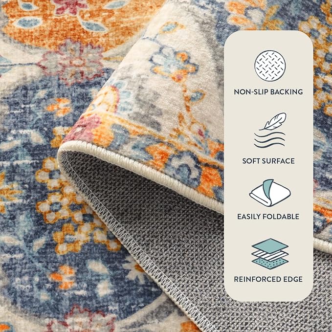 Lahome Moroccan Hallway Runner Rug, 2'5''x8' Ultra-Thin Washable Runners for Hallways Kitchen, Oriental Laundry Room Rug Non-Slip Carpet for Entryway Bedroom Bathroom Elise, Cream/Multi