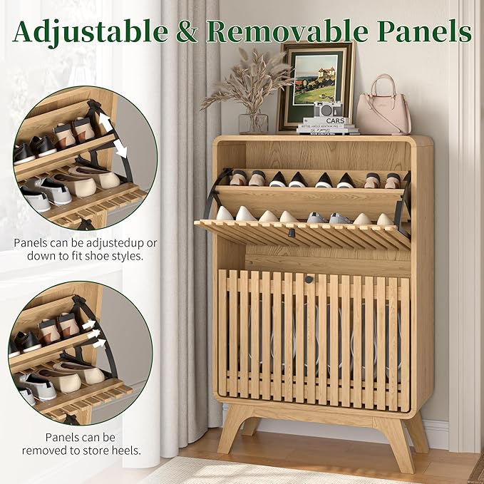 Jluomei Narrow Shoe Cabinet Storage for Entryway, Modern Cabinet Rack with 2 Flip Drawers, Slim Wood Fluted Entry Way Shoe Organizer, Wooden, Small, Farmhouse, Freestanding, Natural Oak (39.4 Inch)
