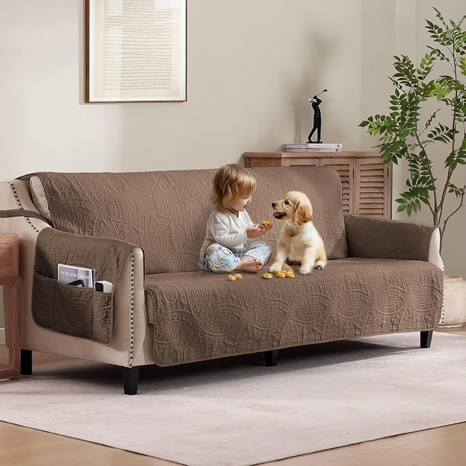 Soft Quilted Couch Cover with Pockets for Extra-Large Sofa, Anti-Slip Sofa Covers Washable for 3 Cushion Pet Friendly, Oversized Sofa Cover Water-Repellent (X-Large Sofa 78", Raw Umber)